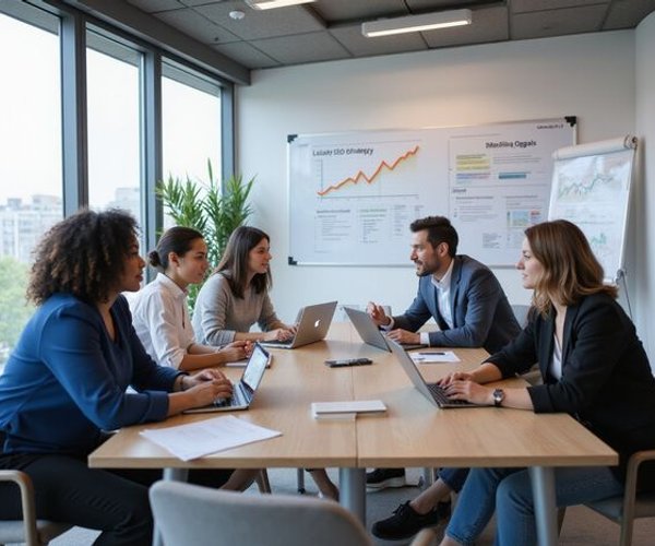Professional team meeting in modern office discussing local SEO strategy with charts on whiteboard